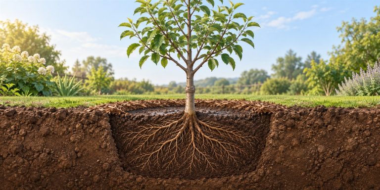 Árbol frutal joven con raíces extendidas y unión de injerto sobre el nivel del suelo