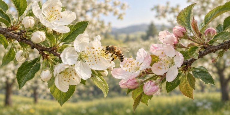 Abeja entre flores de dos ramas de frutales que florecen al mismo tiempo