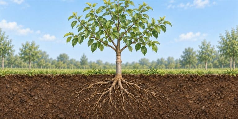Árbol frutal joven con raíces visibles y unión de injerto sobre el suelo